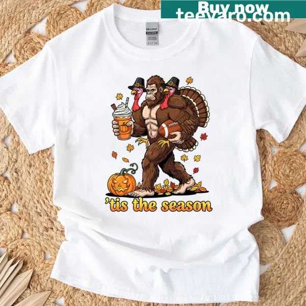 Thanksgiving T-shirt with Bigfoot, turkey, and pumpkin spice illustration