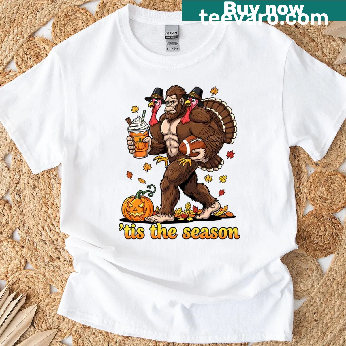 Thanksgiving T-shirt with Bigfoot, turkey, and pumpkin spice illustration — on a men's t-shirt