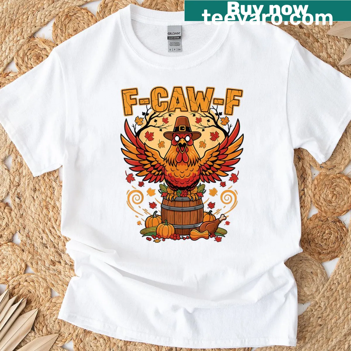 Funny Thanksgiving shirt with chicken pun for autumn feast — on a men's t-shirt
