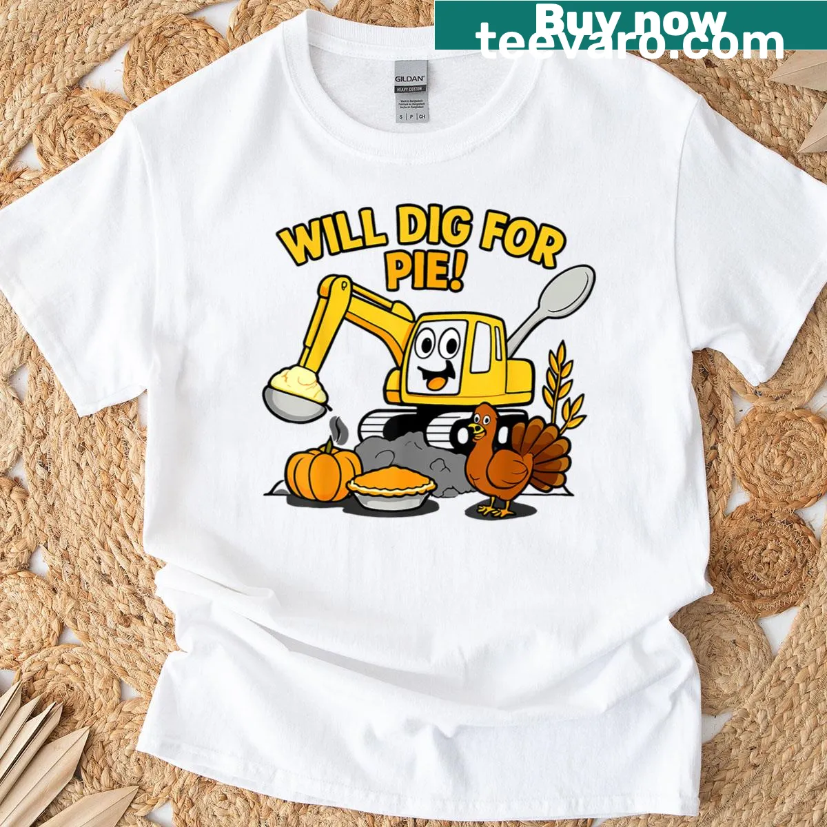Funny Thanksgiving t-shirt with excavator, turkey, and pie — on a men's t-shirt