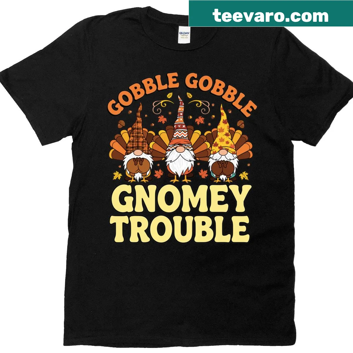 Funny Thanksgiving shirt featuring a gnome and turkey design — on a men's t-shirt