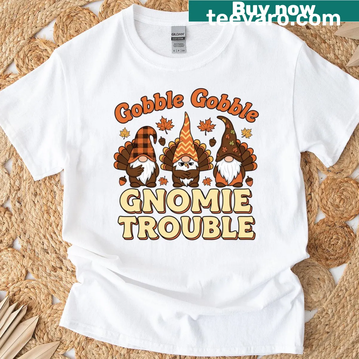 Funny Thanksgiving gnomes t-shirt with Gobble Gobble text — on a men's t-shirt