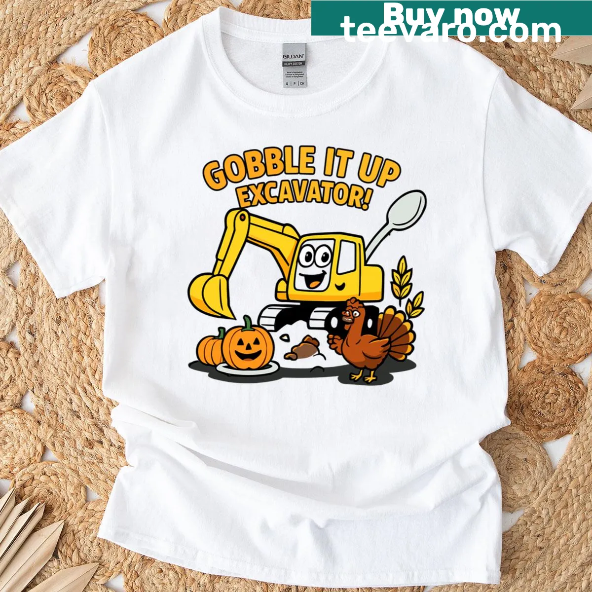 Funny Thanksgiving t-shirt with excavator and turkey design — on a men's t-shirt