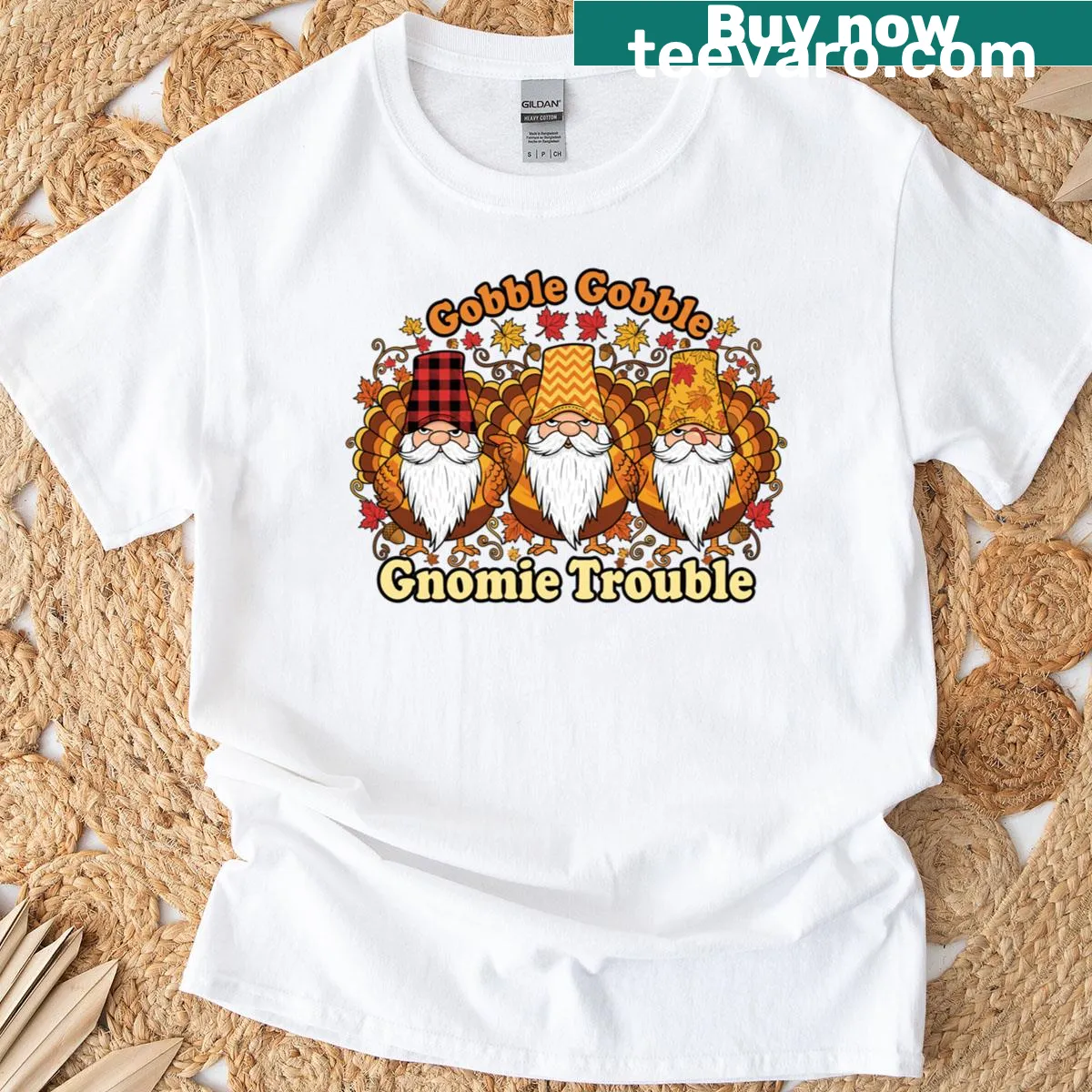 Funny Thanksgiving gnome t-shirt featuring turkey antics — on a men's t-shirt