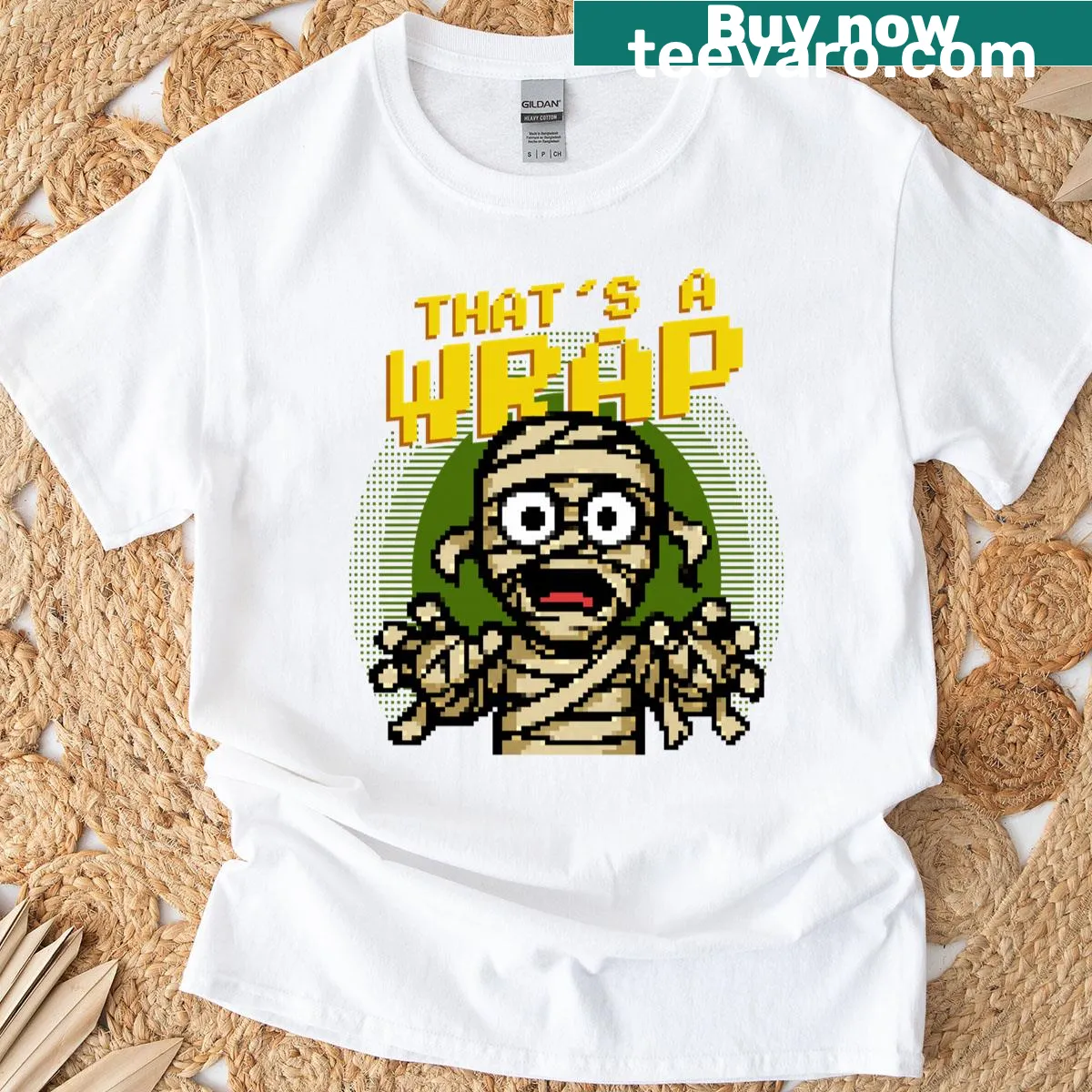 Funny pixel art mummy design on Halloween T-shirt — on a men's t-shirt