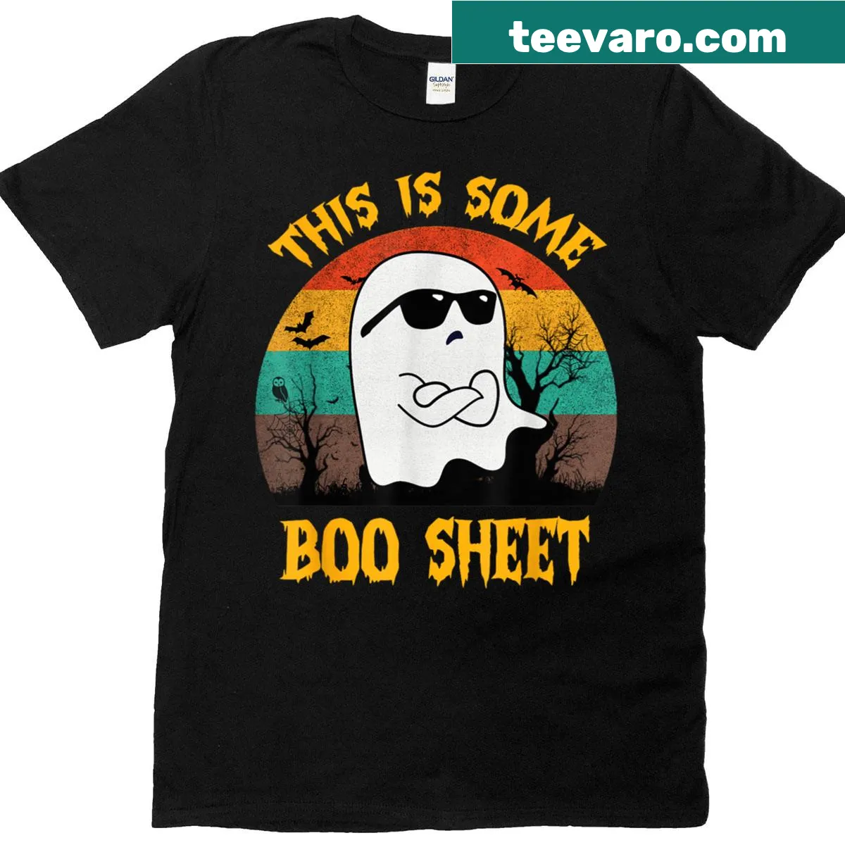 Funny kids' Halloween shirt with a ghost and sunglasses — on a men's t-shirt