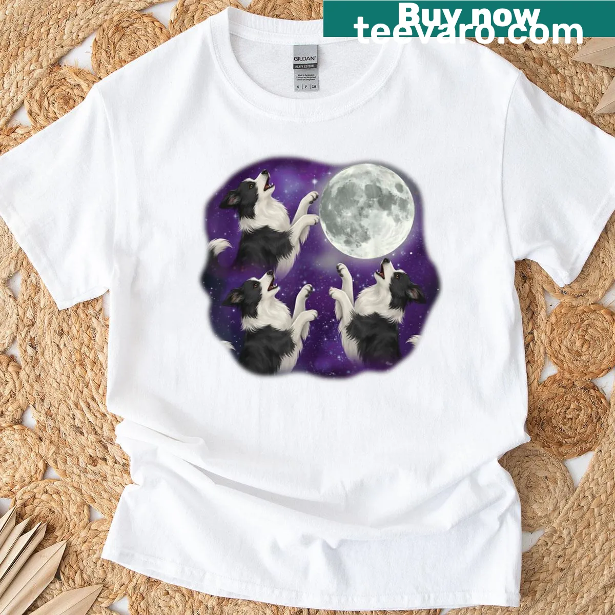 Whimsical Halloween graphic with three border collies under a full moon — on a men's t-shirt