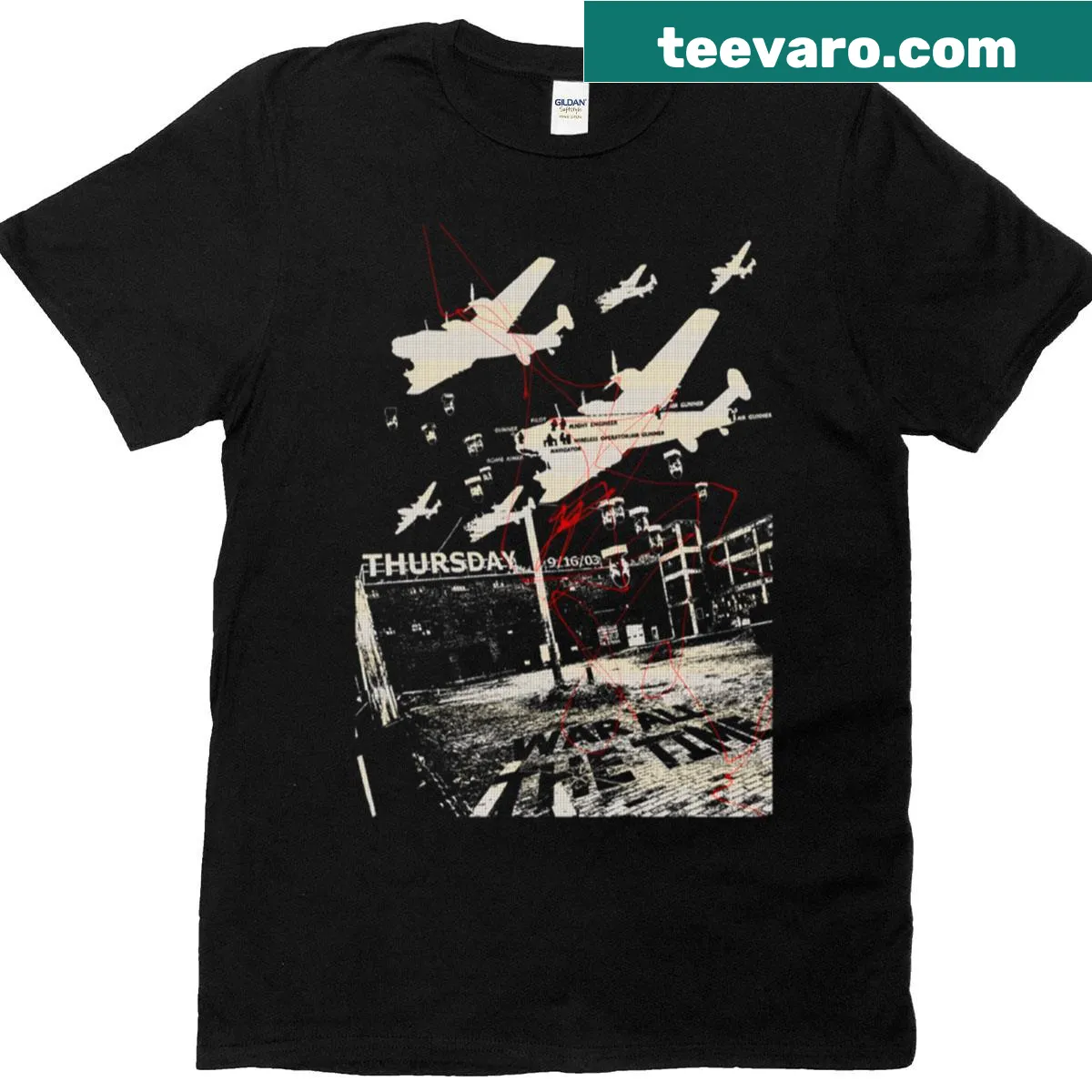 T-shirt featuring the Thursday band name with a nostalgic design — on a men's t-shirt