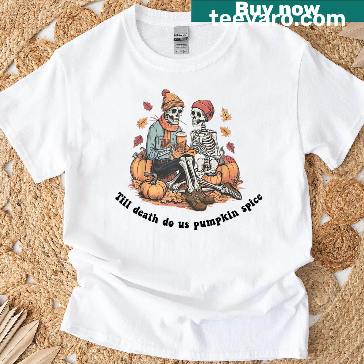 Skeleton couple with pumpkin spice theme illustration — on a men's t-shirt