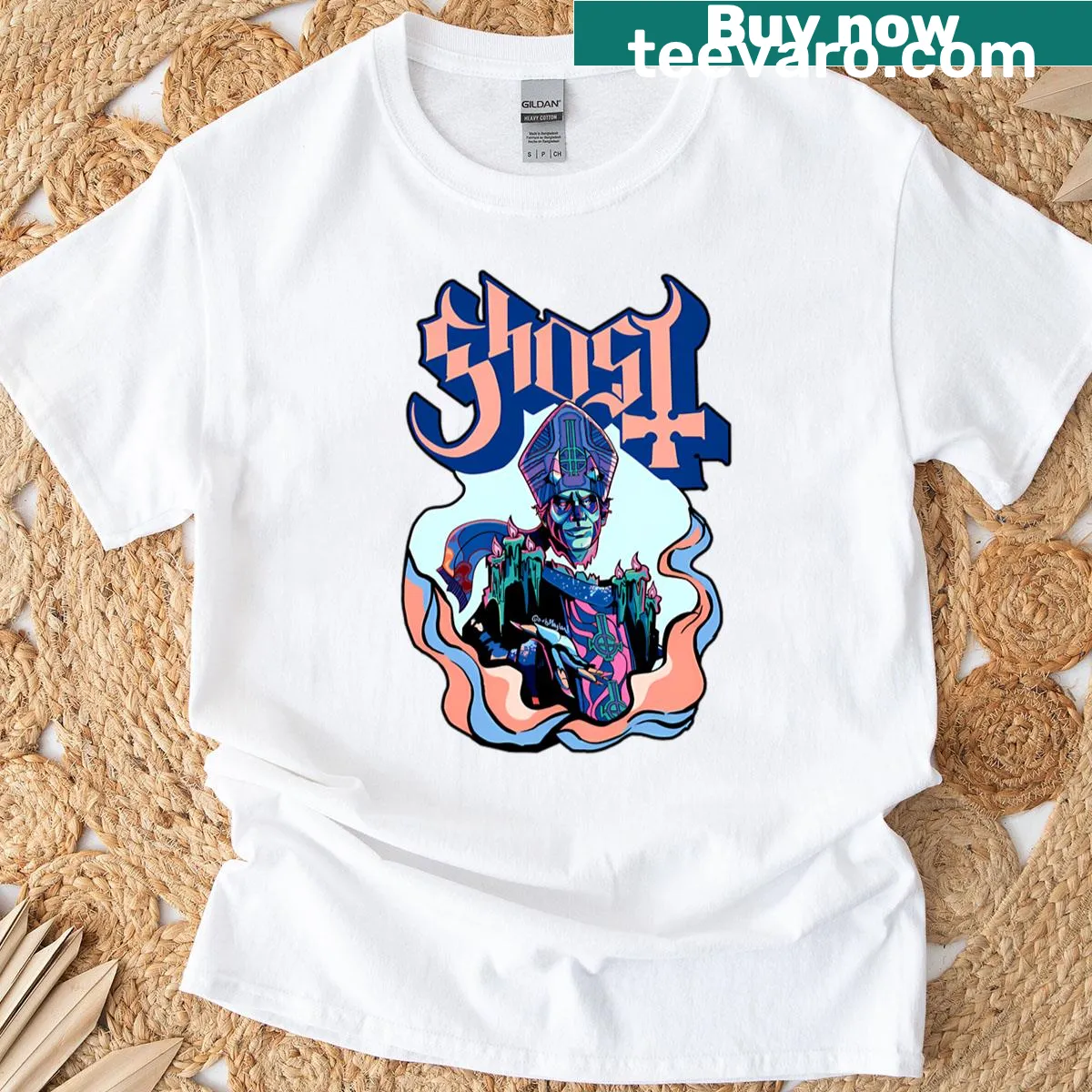 T-shirt featuring artwork inspired by the metal band Ghost — on a men's t-shirt