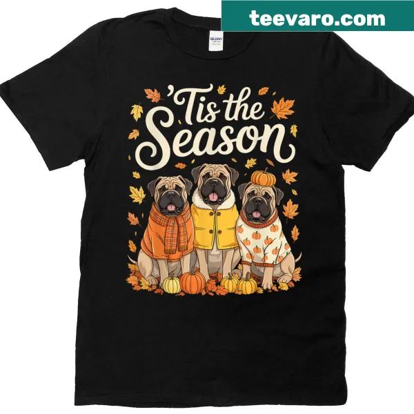 Fall-themed t-shirt with a Bullmastiff and pumpkins