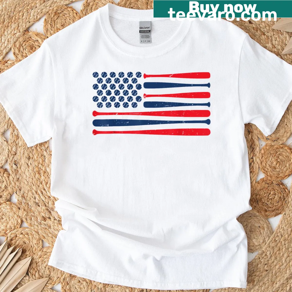 Toddler baseball player t-shirt with American flag design — on a men's t-shirt
