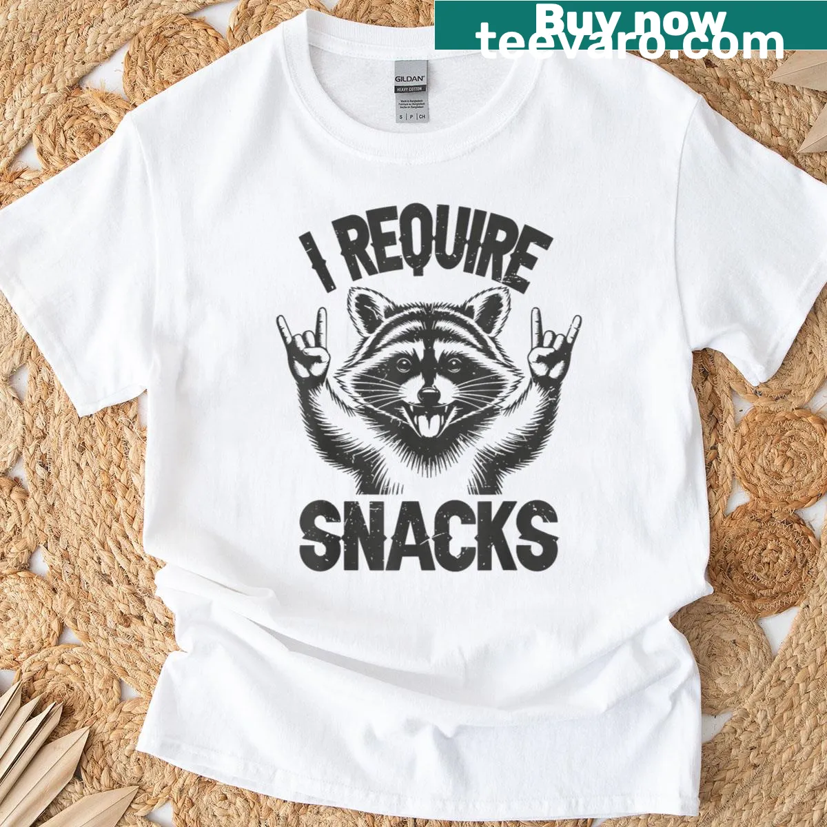 Cartoon raccoon graphic with 'I Require Snacks' text for kids — on a men's t-shirt
