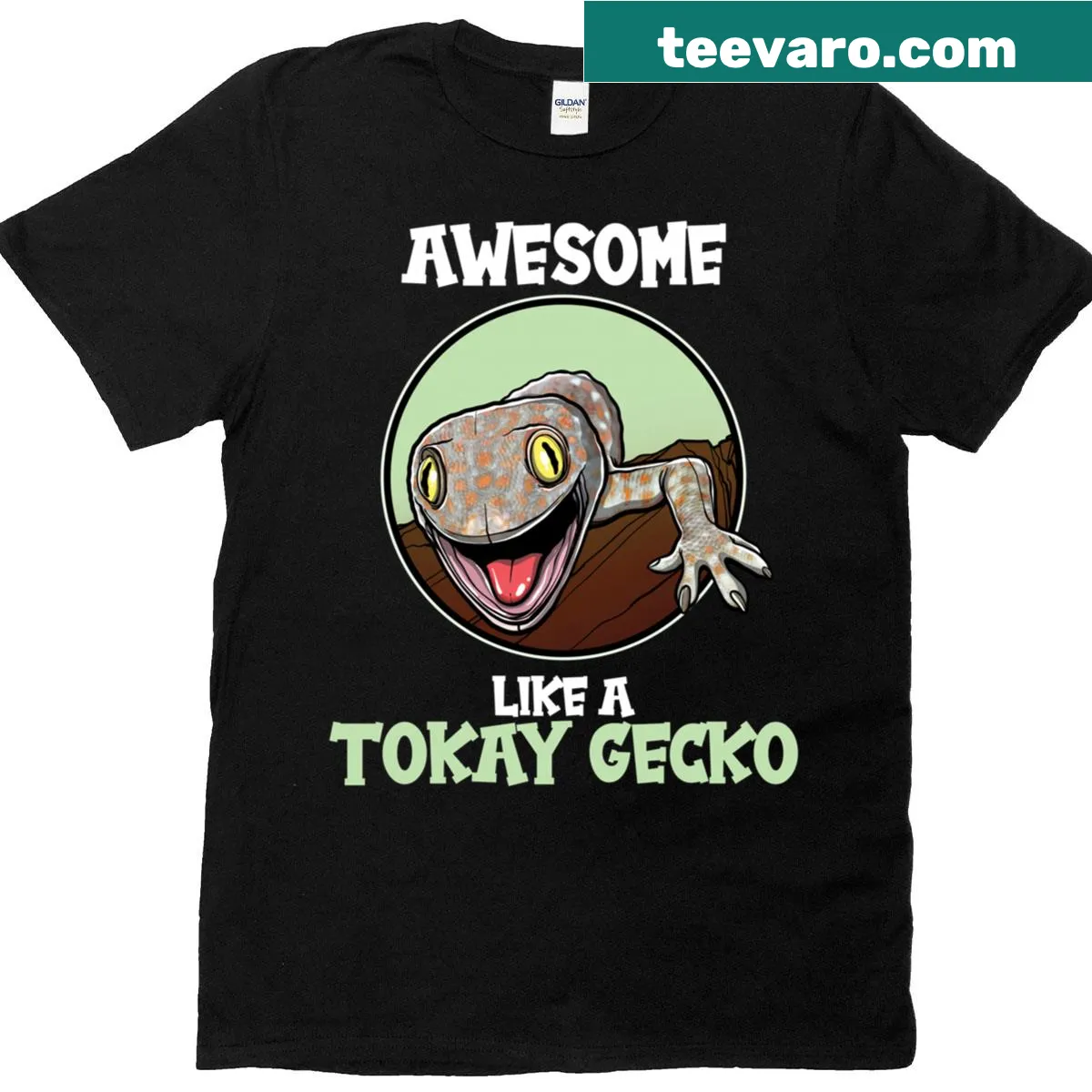 Illustrated t-shirt featuring a Tokay Gecko with fun text — on a men's t-shirt