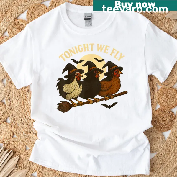 Cartoon chicken witches flying in the night sky with a humorous text graphic