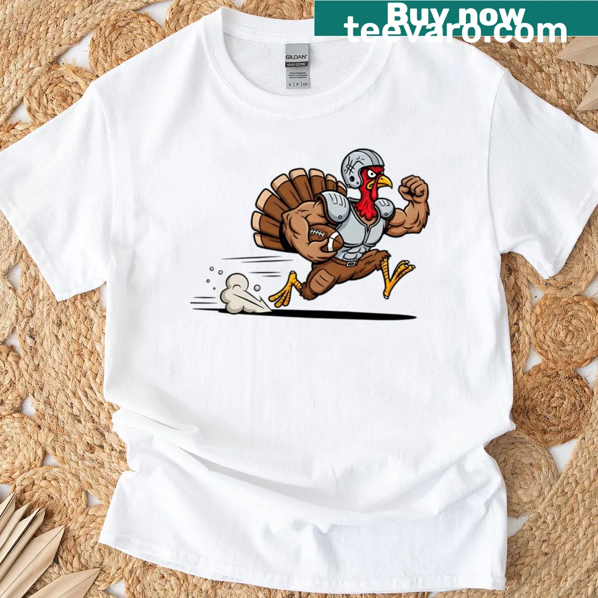 Cartoon turkey in football gear on a Thanksgiving themed t-shirt — on a men's t-shirt