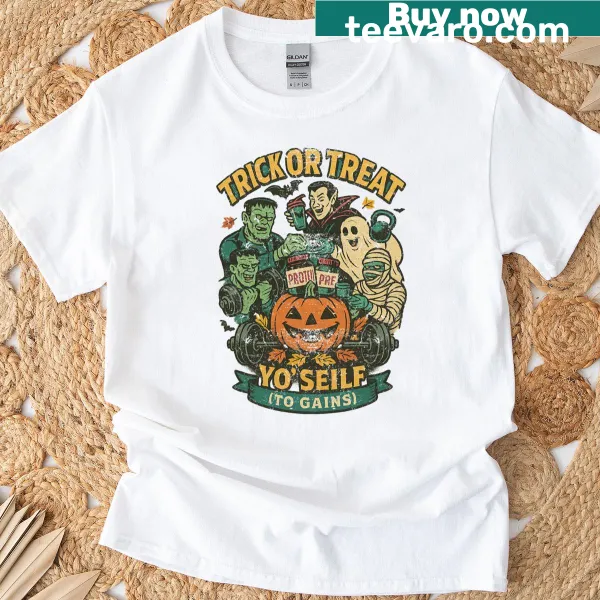 Funny retro gym t-shirt with 'Trick Or Treat Yo Self' text.