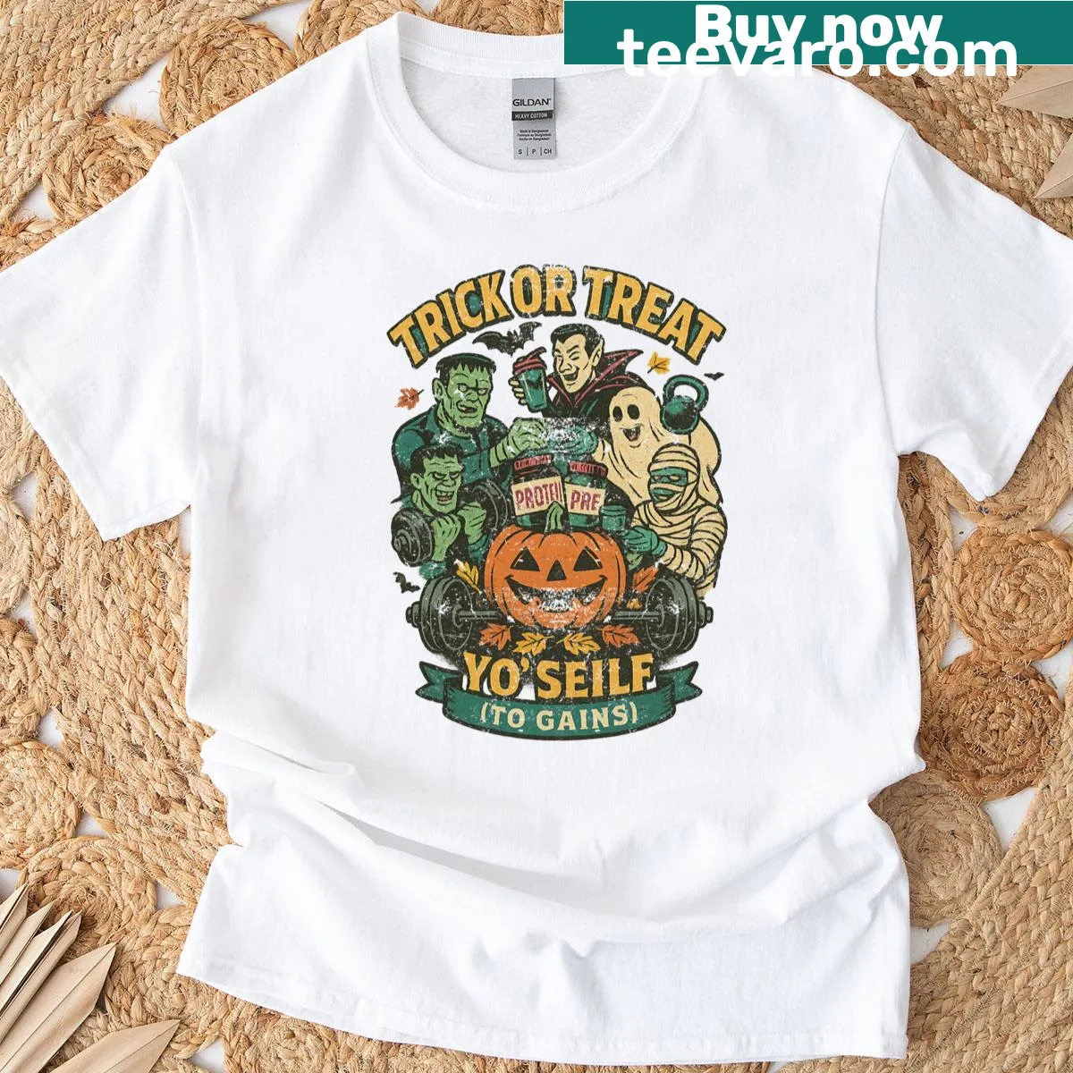 Funny retro gym t-shirt with 'Trick Or Treat Yo Self' text. — on a men's t-shirt