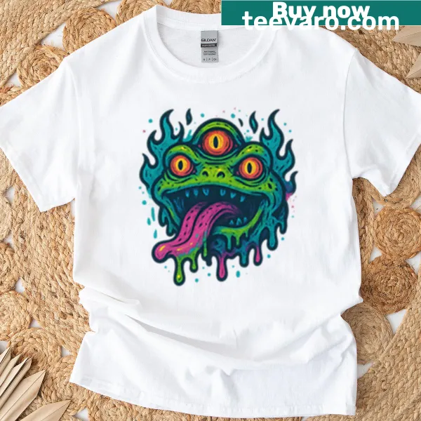 Cartoon t-shirt featuring a playful triple-eyed frog