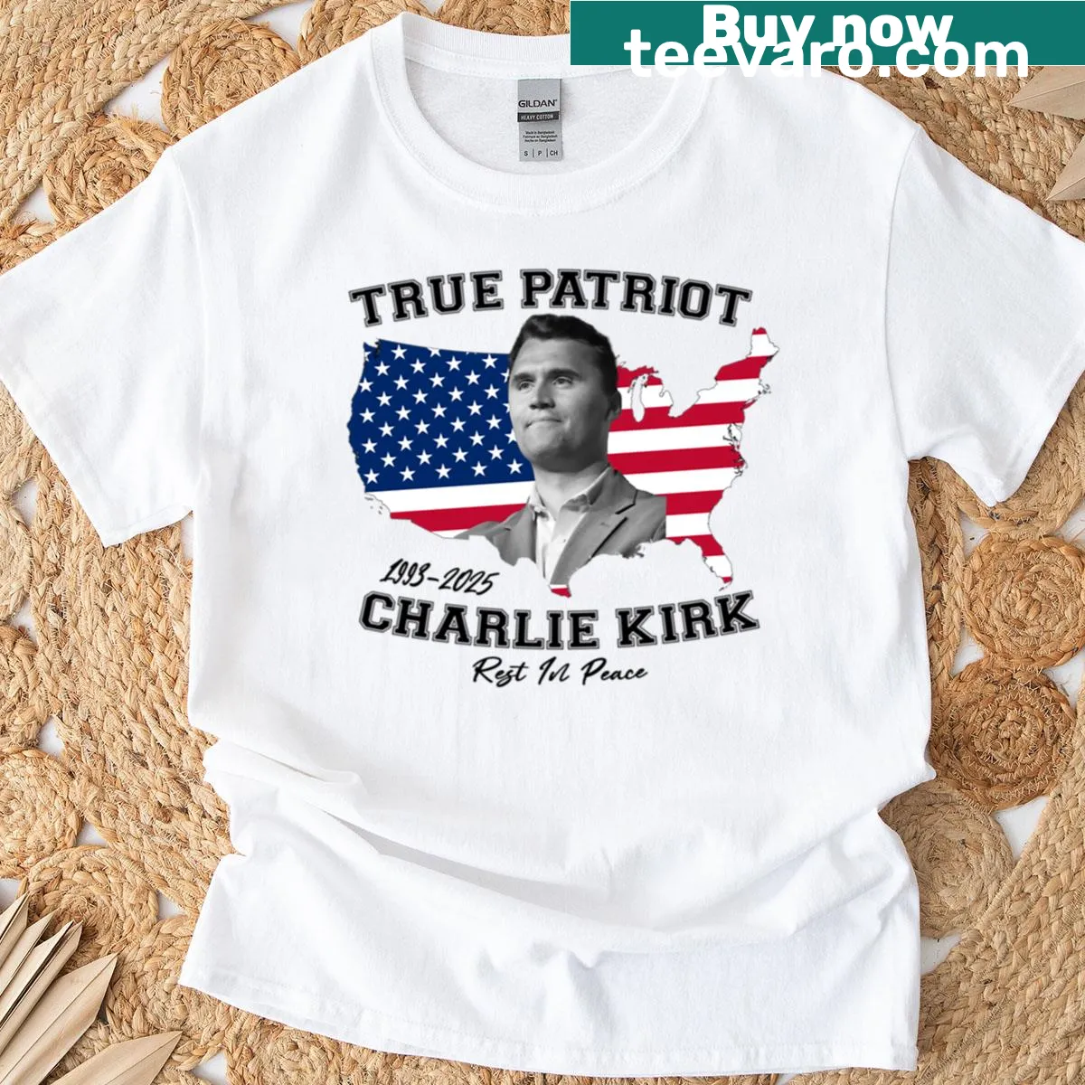 Patriotic T-shirt featuring an illustration of the American flag paying tribute to Charlie Kirk. — on a men's t-shirt