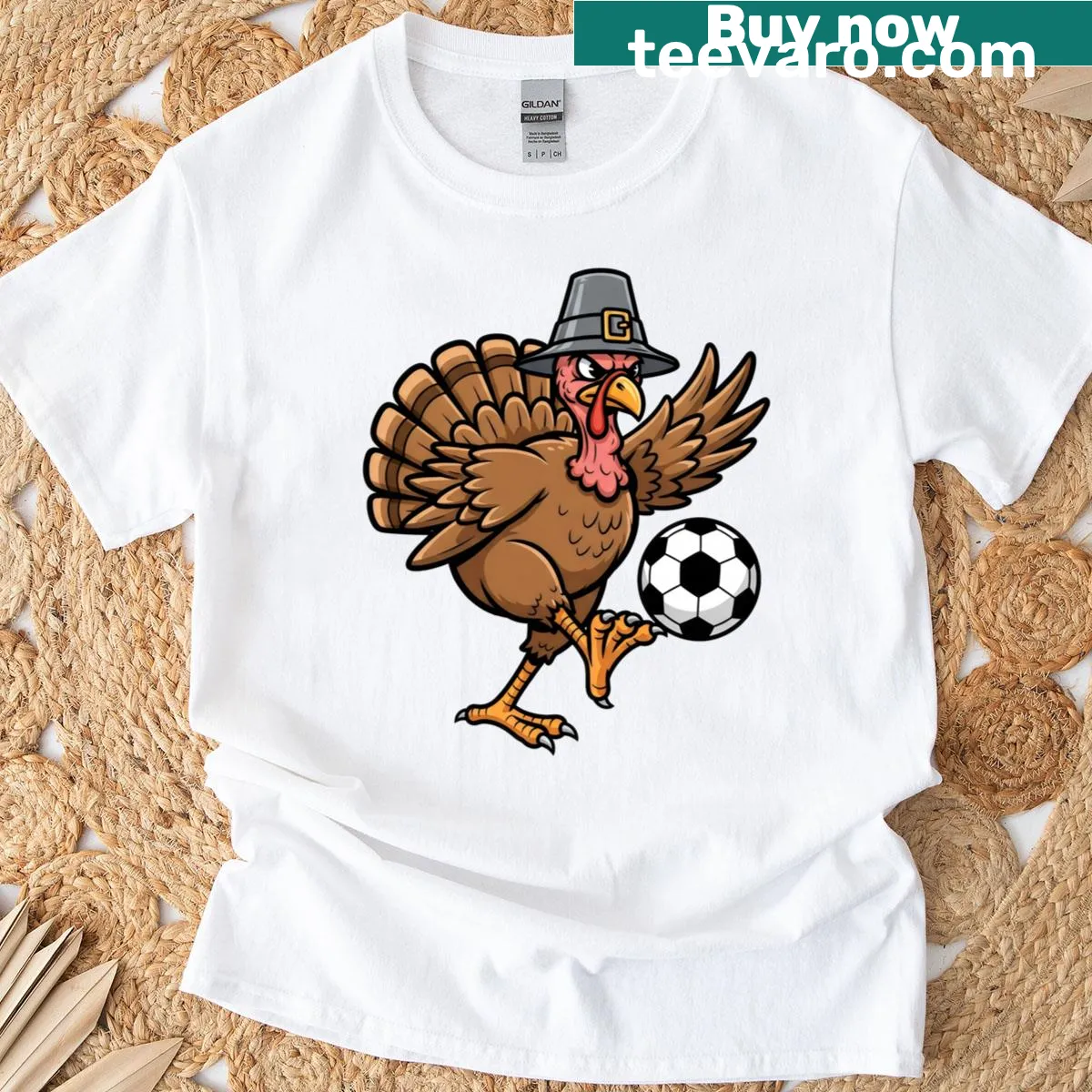 Illustration of a turkey playing soccer for Thanksgiving — on a men's t-shirt