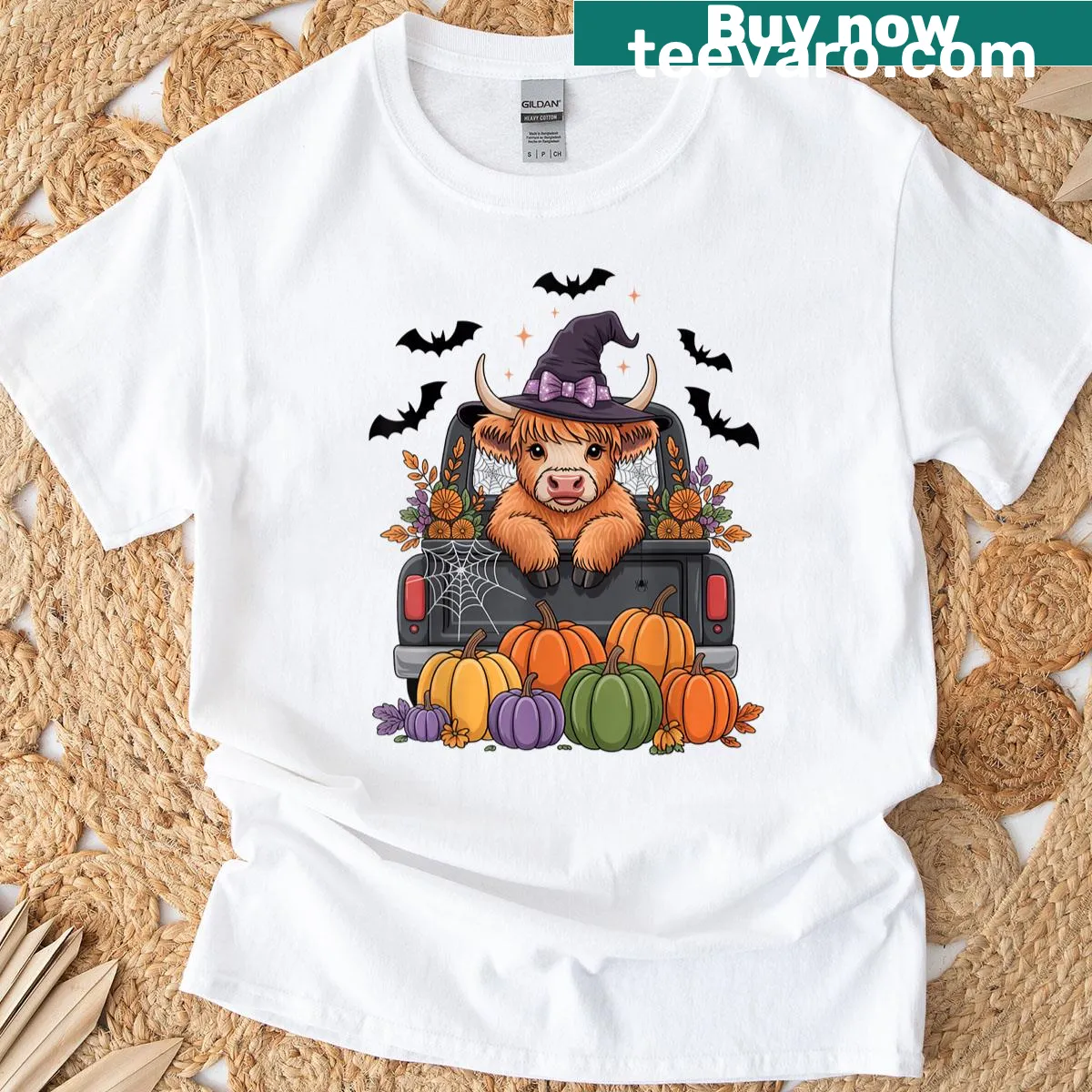 Halloween-themed t-shirt with a vintage pickup truck and spooky elements — on a men's t-shirt