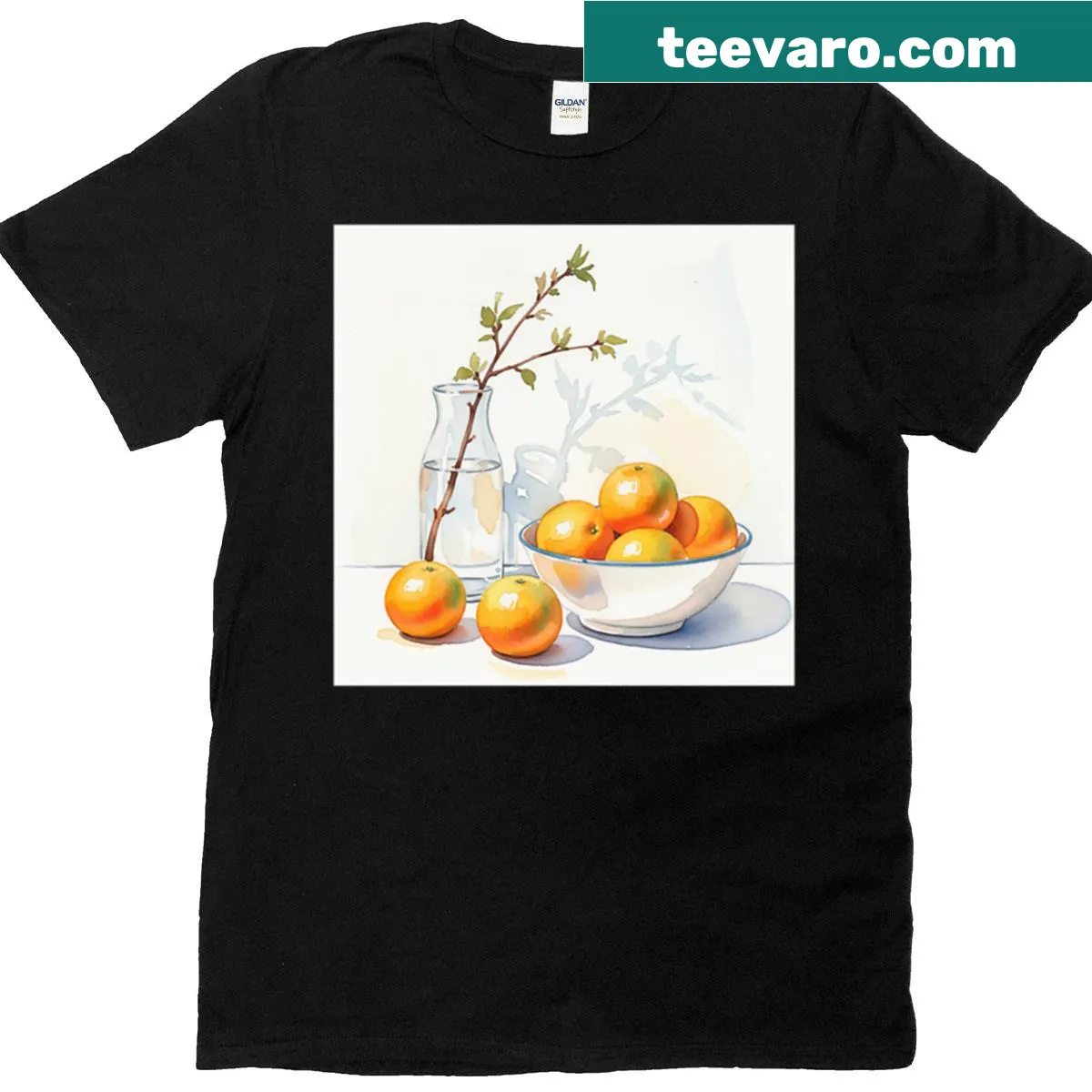Watercolor t-shirt featuring still life of oranges — on a men's t-shirt