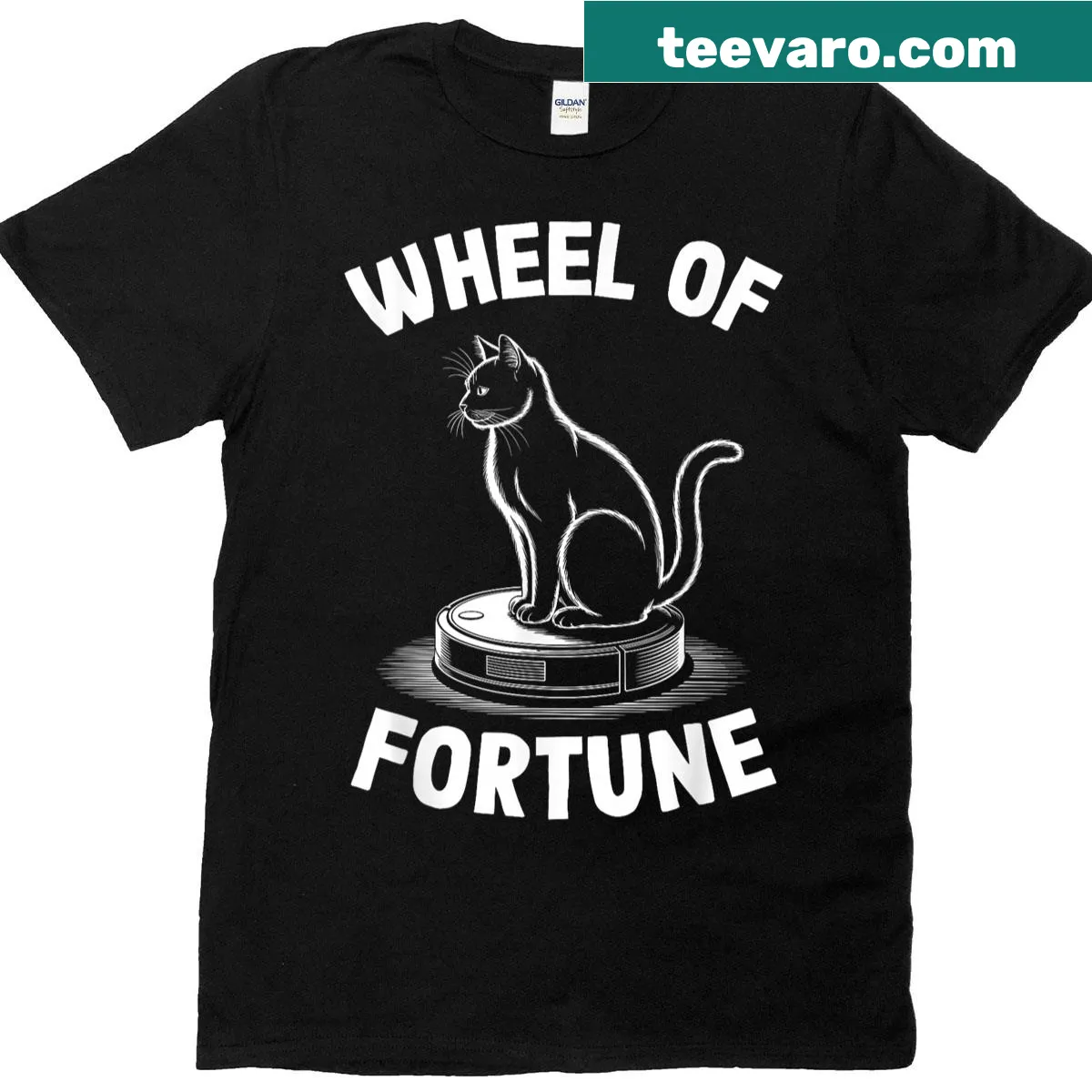 Whimsical t-shirt with a cat riding a robot vacuum cleaner — on a men's t-shirt