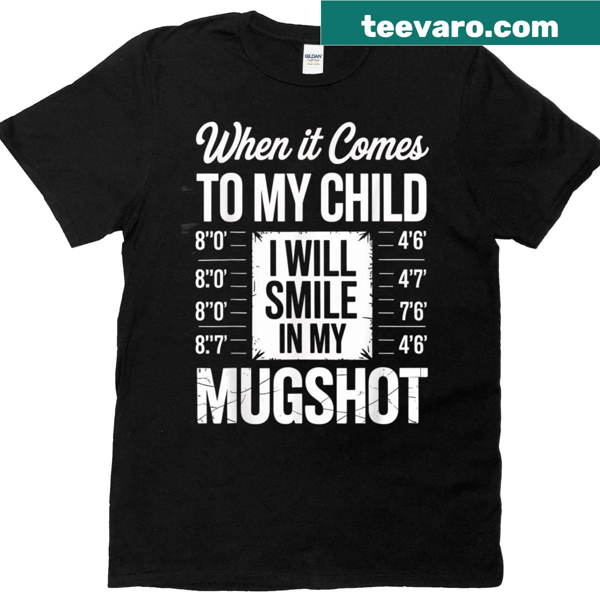 Humorous parenting graphic text about smiling in a mugshot on a t-shirt. — on a men's t-shirt