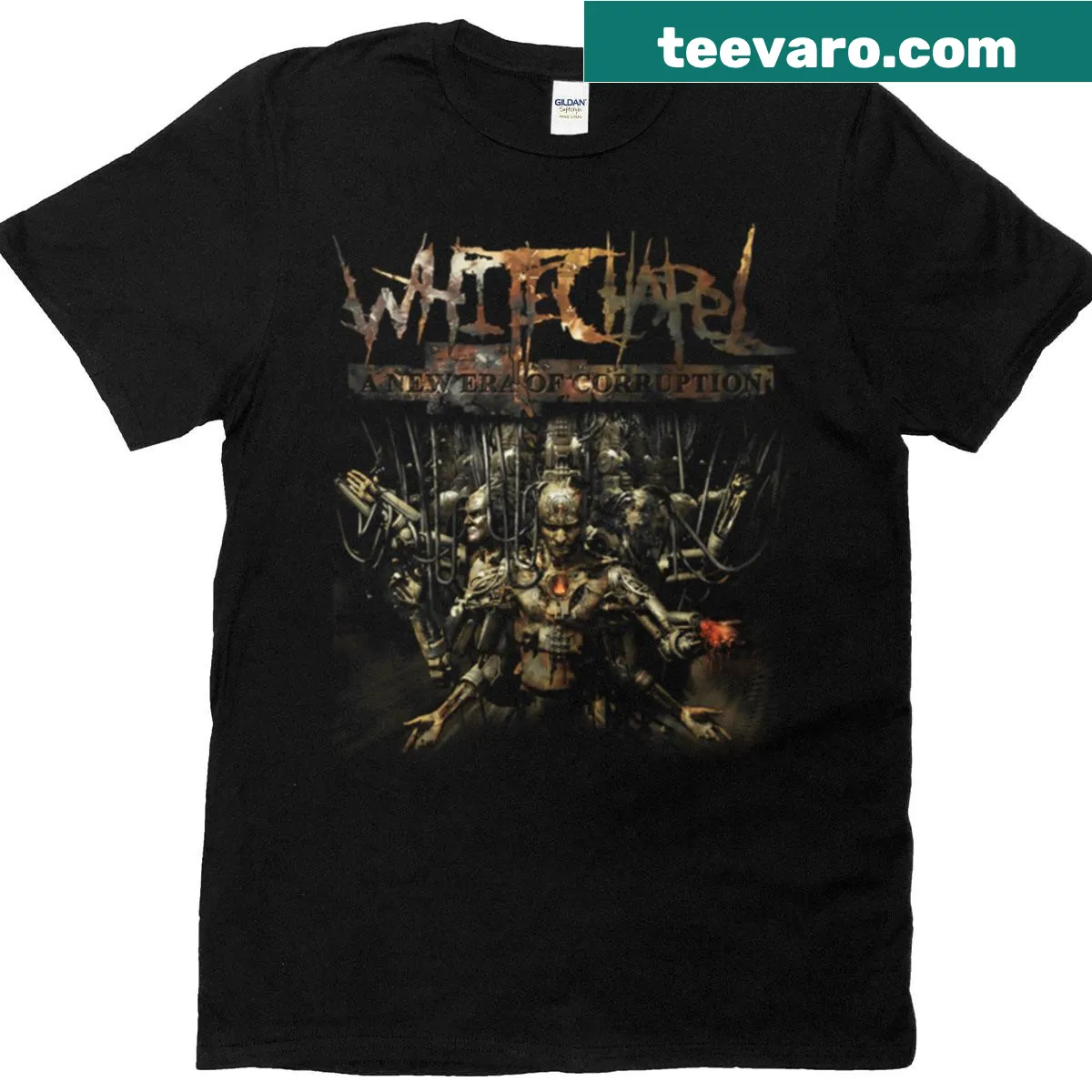 T-shirt featuring Whitechapel graphic with the phrase 'A New Era of Corruption' — on a men's t-shirt