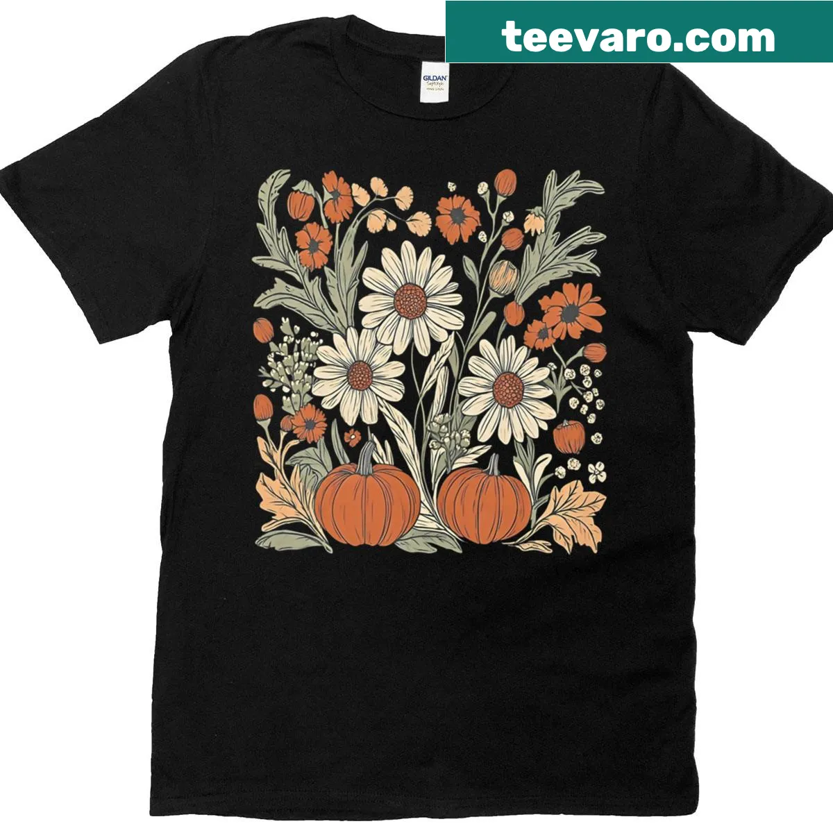 T-shirt with whimsical fall-themed illustration of pumpkins and wildflowers — on a men's t-shirt