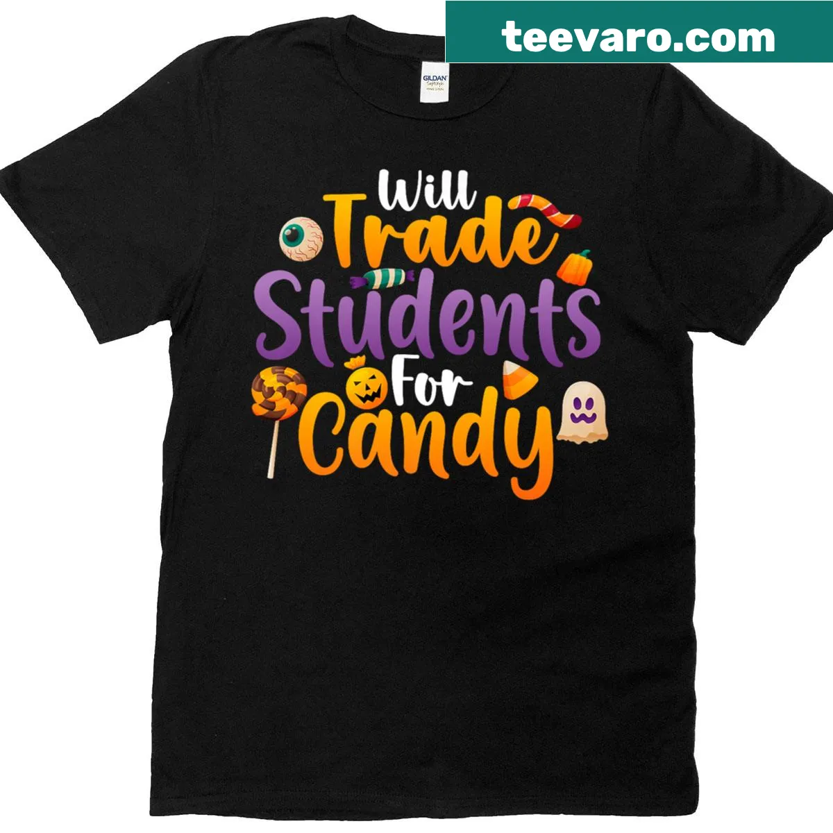 Funny Halloween T-shirt for teachers with a candy trade pun — on a men's t-shirt
