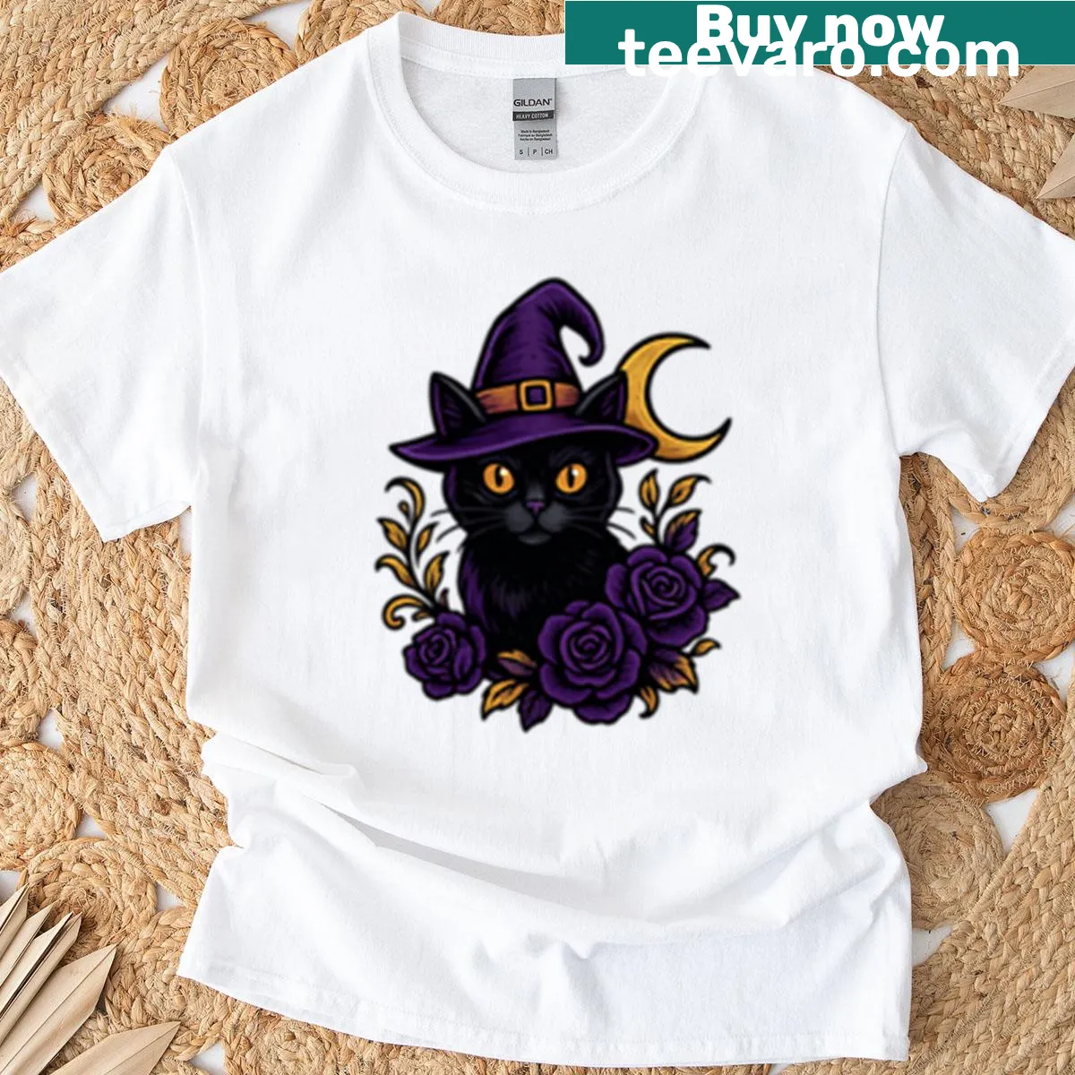 Illustration of a cat with crescent moon and charms on T-shirt — on a men's t-shirt
