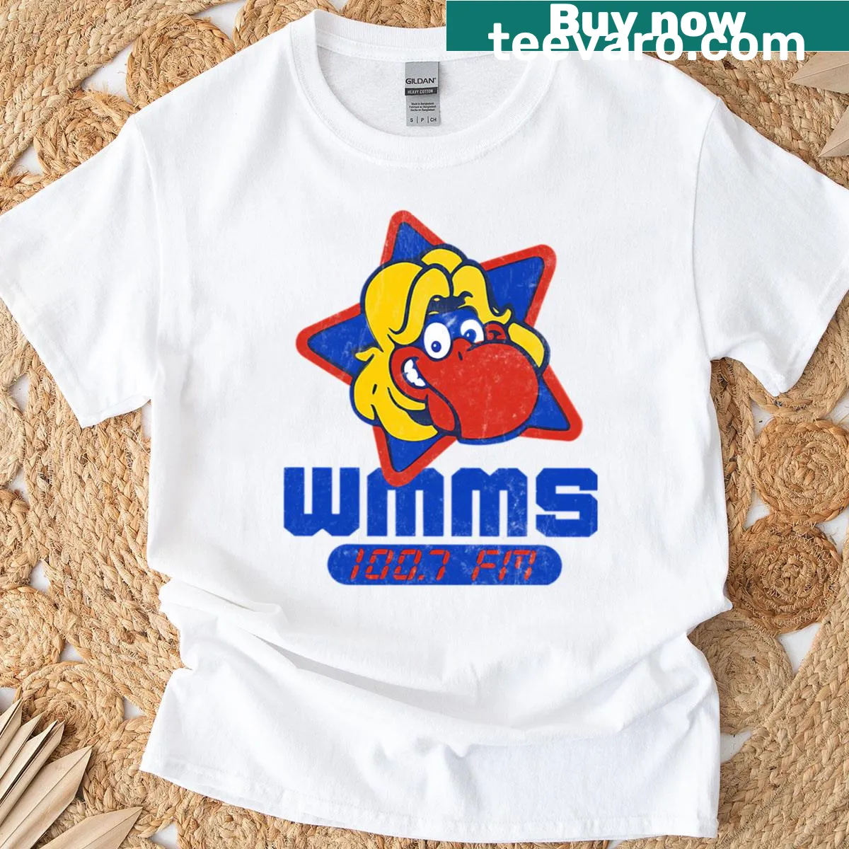 Vintage WMMS logo graphic t-shirt celebrating 80s rock radio. — on a men's t-shirt