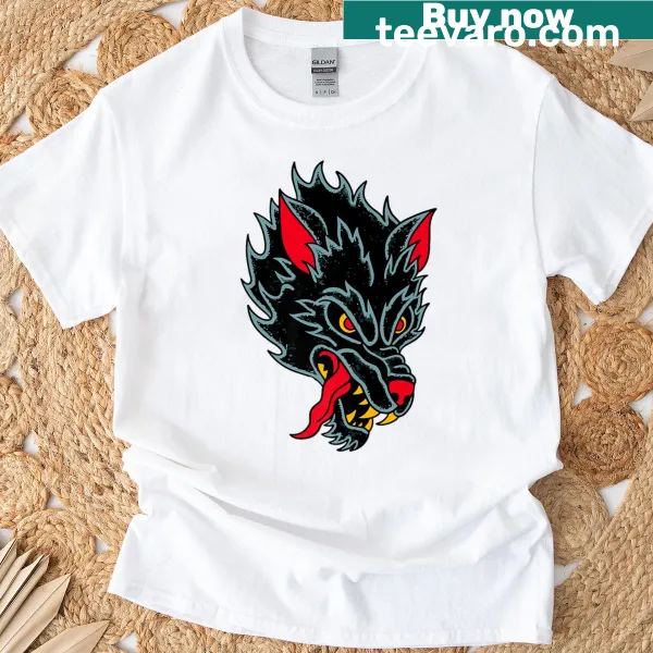 Traditional wolf tattoo design on shirt in classic style