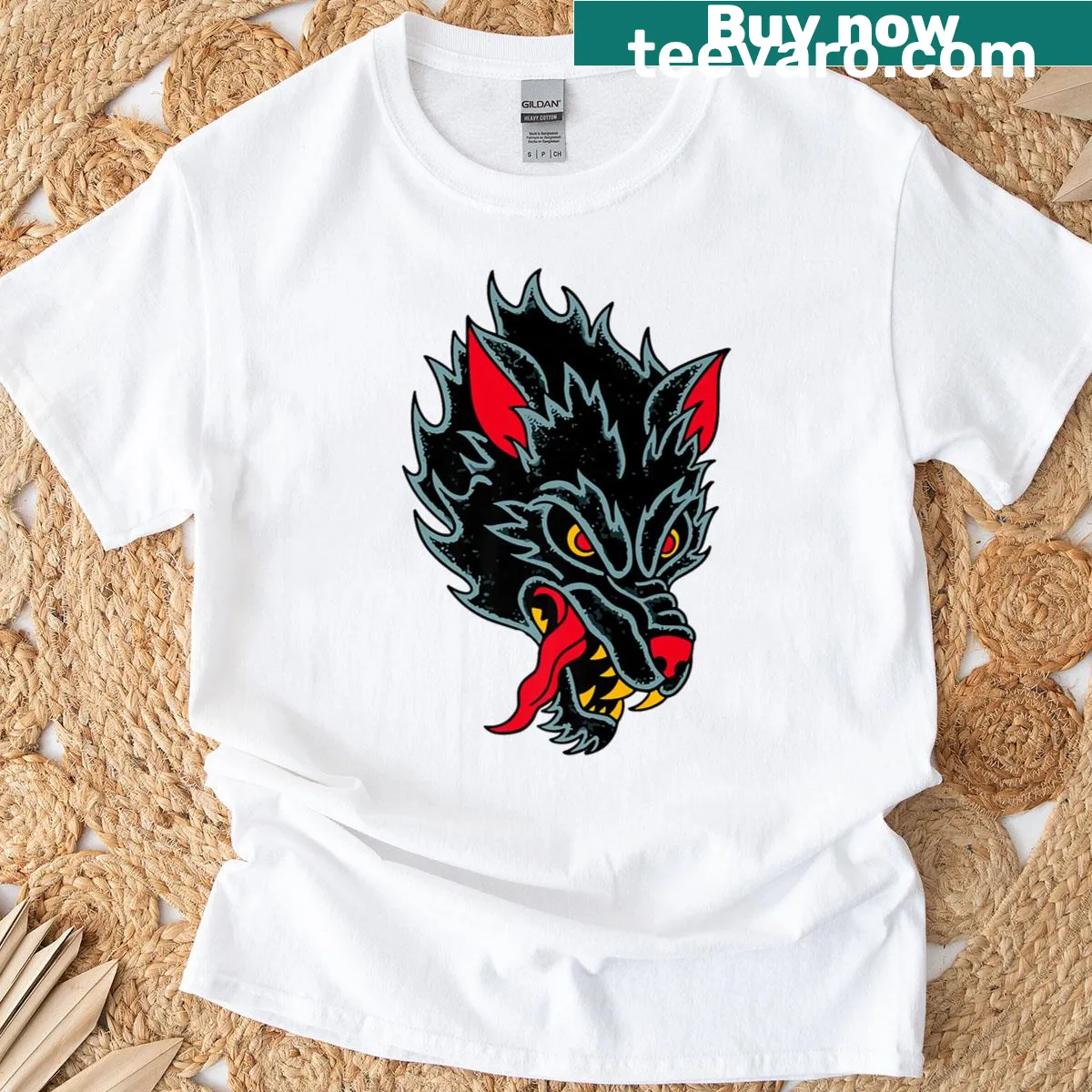 Traditional wolf tattoo design on shirt in classic style — on a men's t-shirt