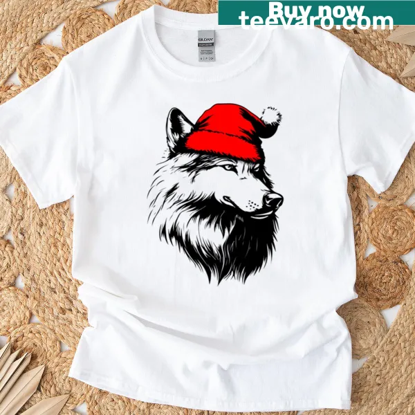 Whimsical wolf wearing a Christmas hat on T-shirt