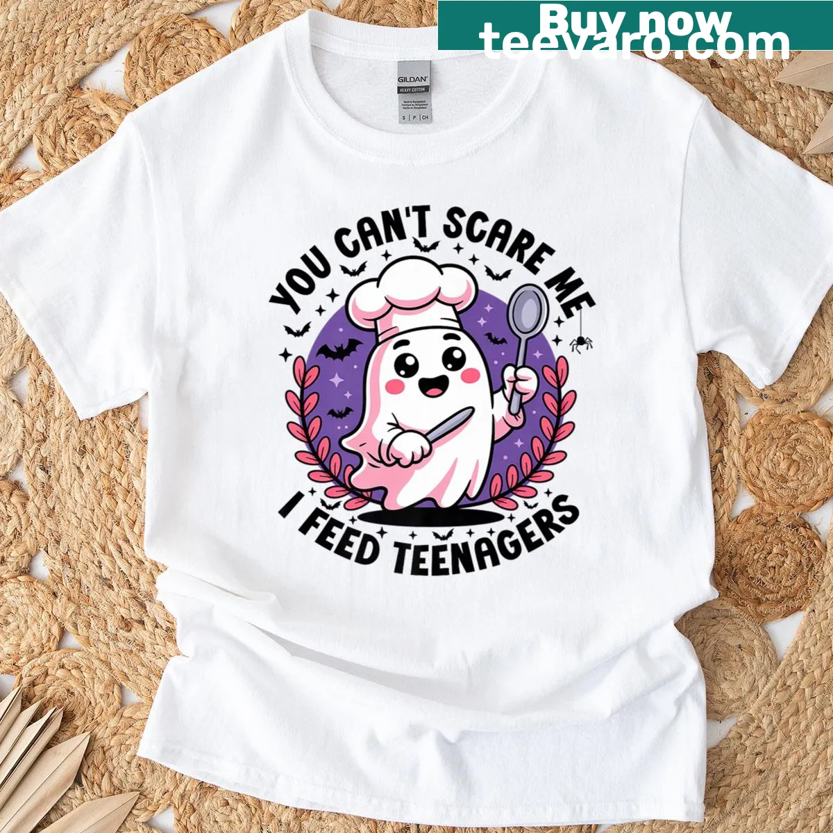 Funny Halloween shirt for lunch ladies saying 'You Can't Scare Me, I Feed Teenagers' — on a men's t-shirt