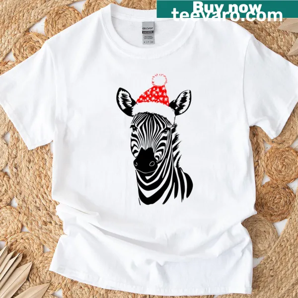 Adorable T-shirt of a zebra in a Santa hat