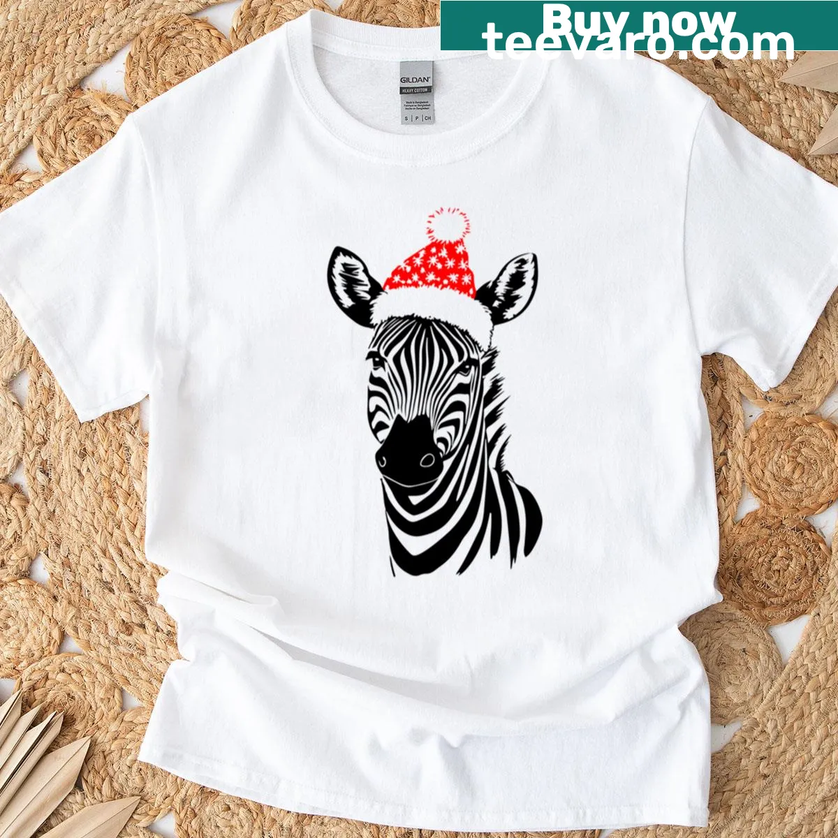 Adorable T-shirt of a zebra in a Santa hat — on a men's t-shirt