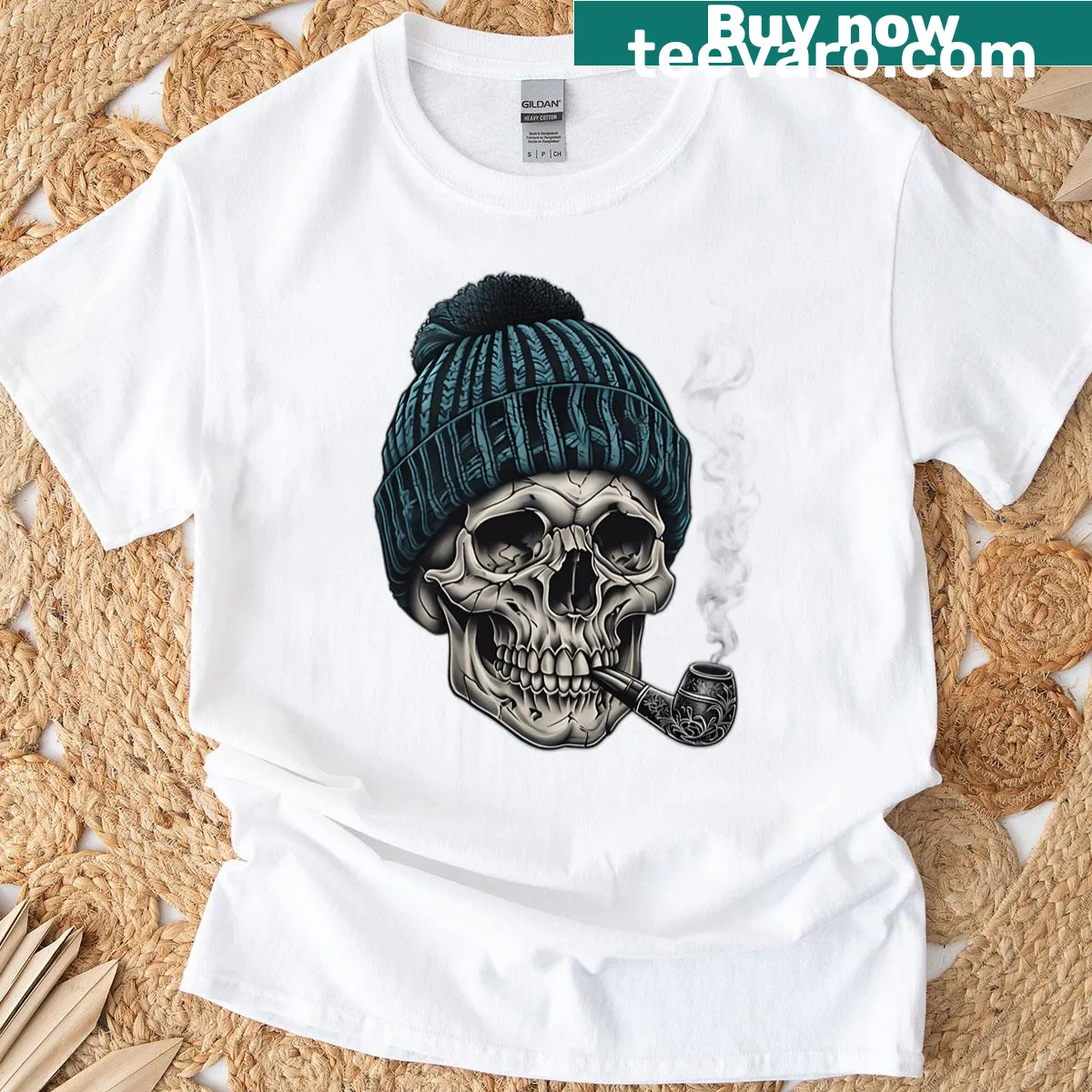 Edgy zombie skull graphic T-shirt with a pipe and bobble hat — on a men's t-shirt