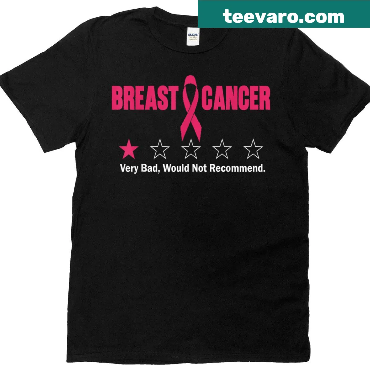 Awareness t-shirt with 'Star Very Bad Would Not Recommend' and breast cancer message — on a men's t-shirt