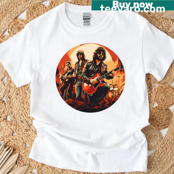 Retro T-shirt celebrating 70s rock music with guitar graphics