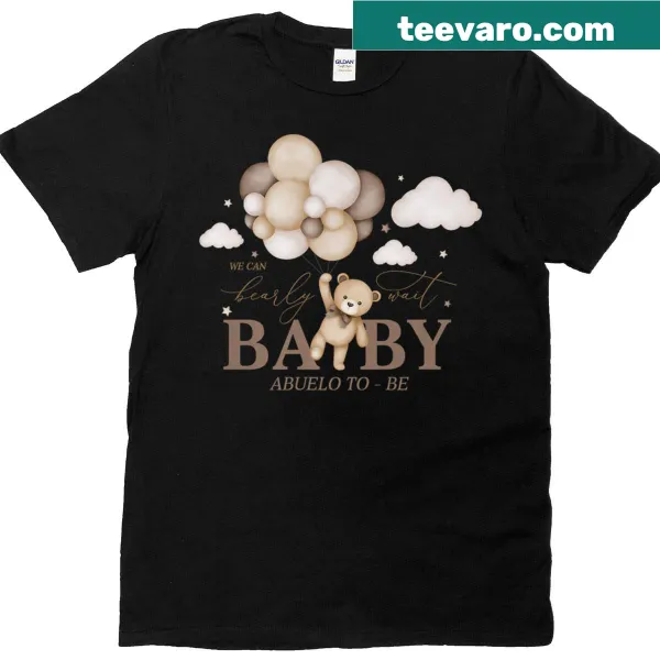 Cute bear illustration with 'We Can Bearly Wait' text for baby shower