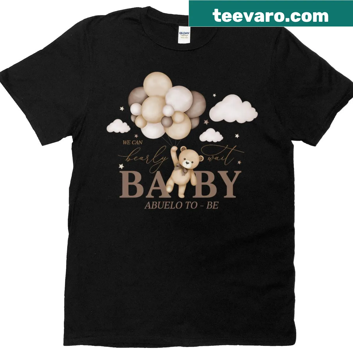 Cute bear illustration with 'We Can Bearly Wait' text for baby shower — on a men's t-shirt