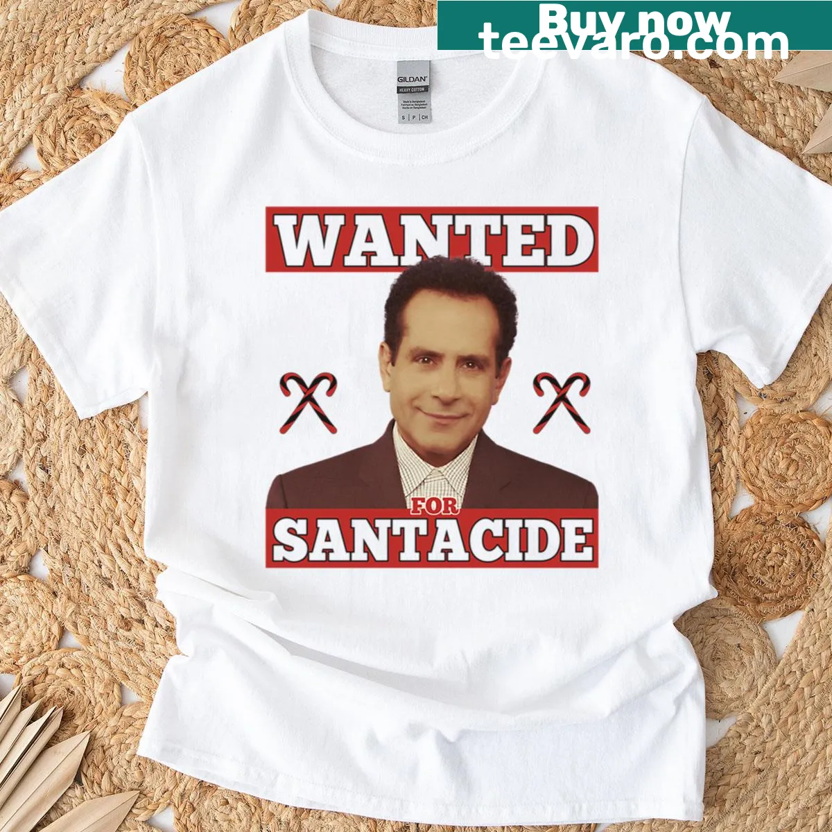 T-shirt with humorous quote 'Wanted for Santacide' in bold typography — on a men's t-shirt