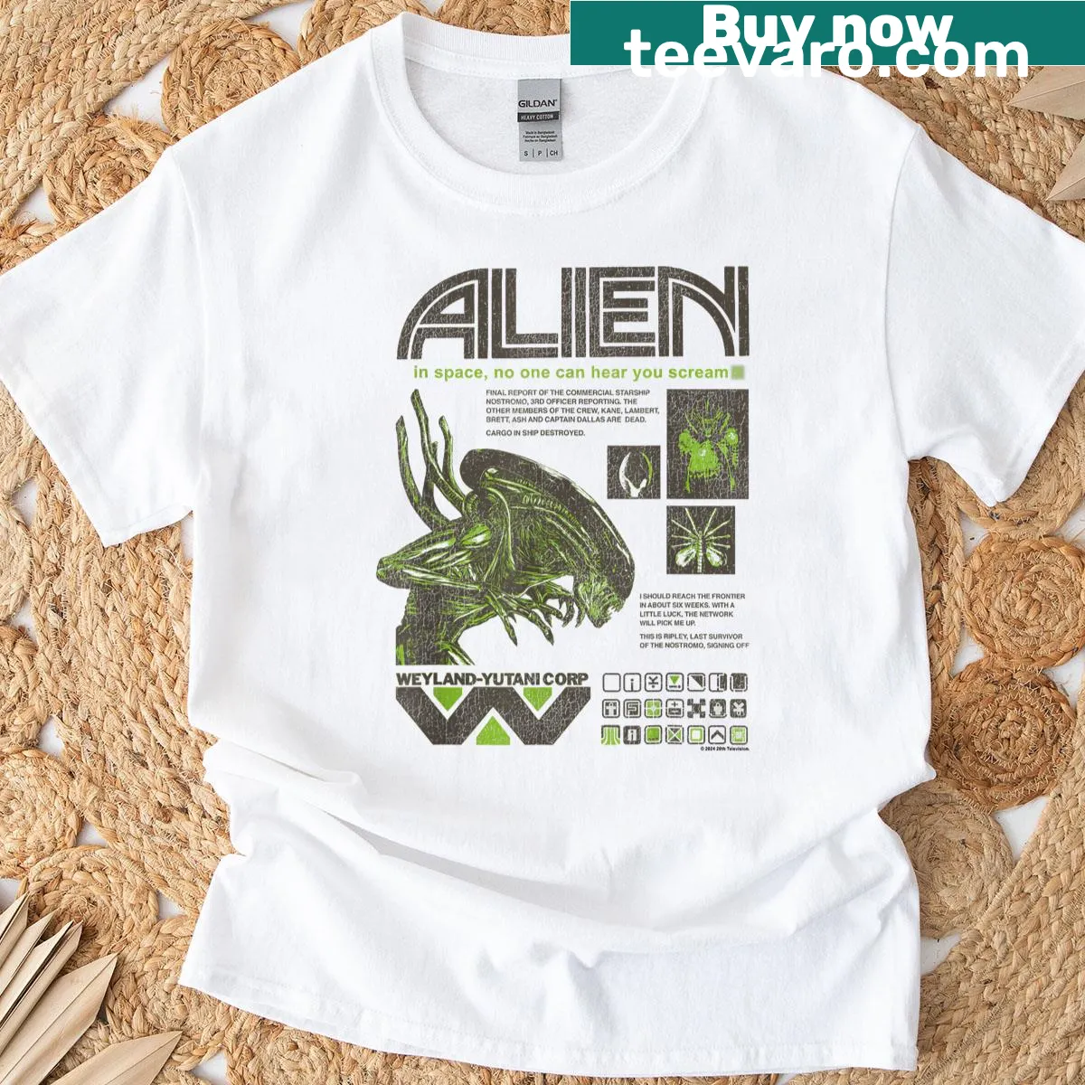 Collage of iconic alien quotes in distressed style — on a men's t-shirt
