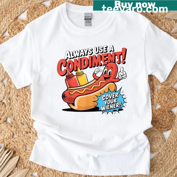 Funny hot dog t-shirt with cartoon and condiment reminder