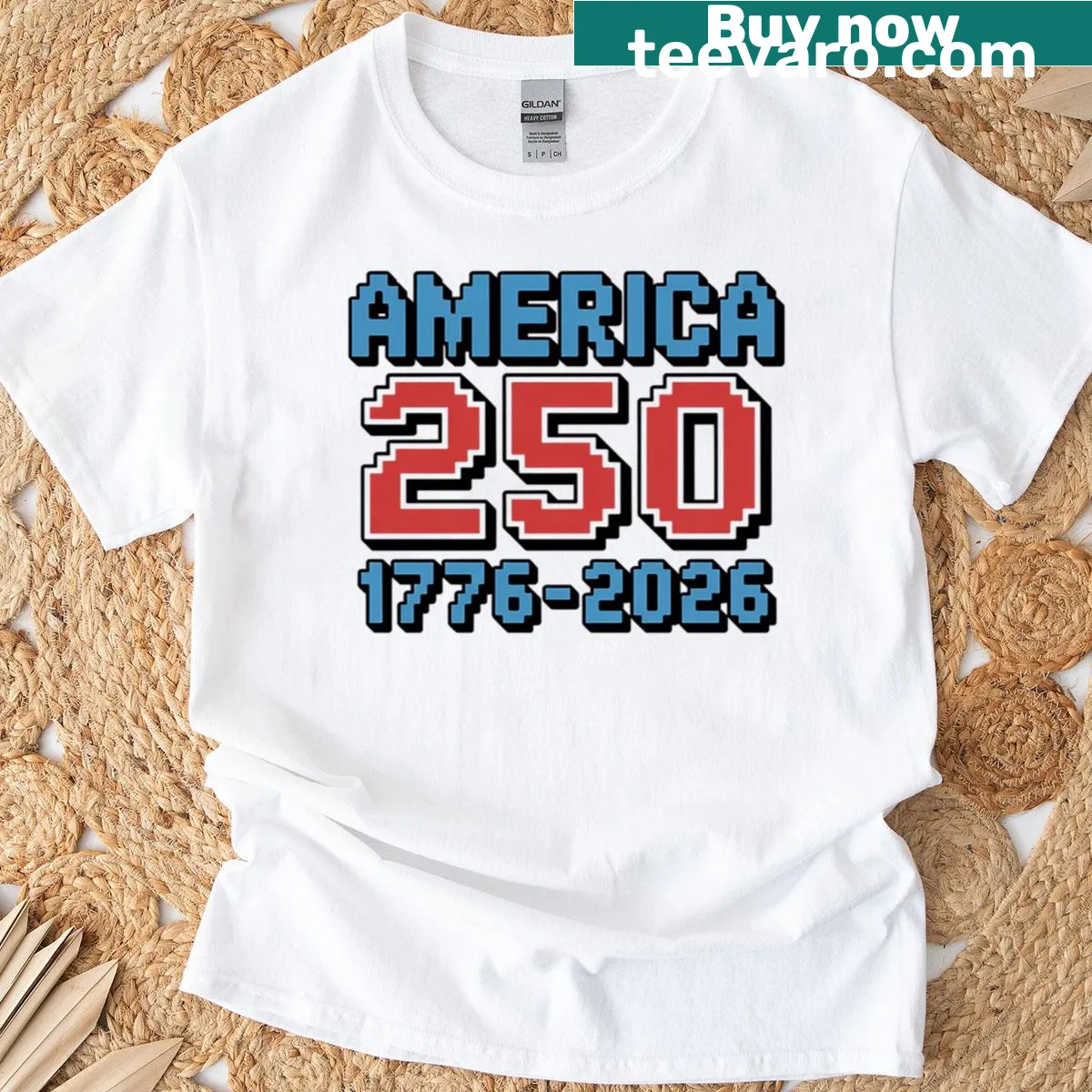 Retro pixel art American Independence Day t-shirt — on a men's t-shirt