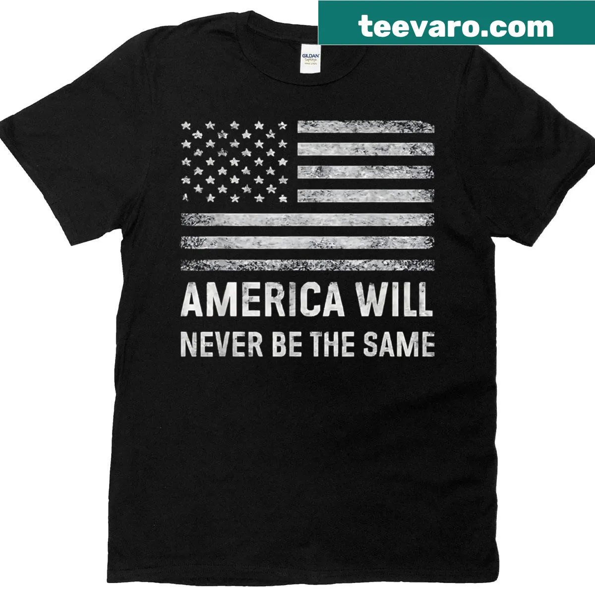 Distressed American flag T-shirt with the phrase 'America Will Never Be The Same' — on a men's t-shirt